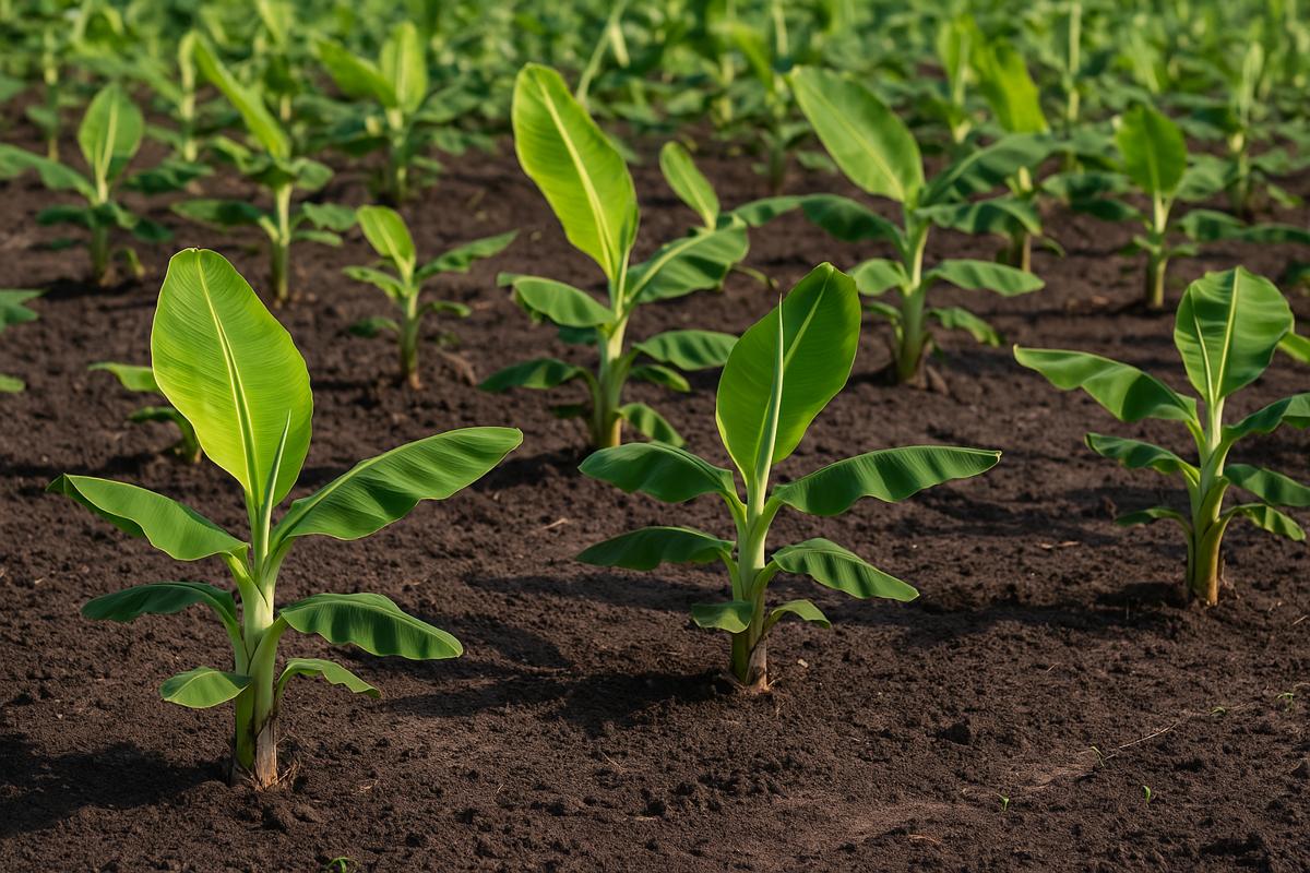 Plantain plants in a field during growth