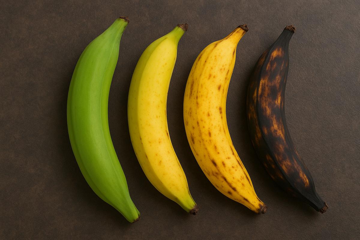 Stages of plantain ripeness from green to black