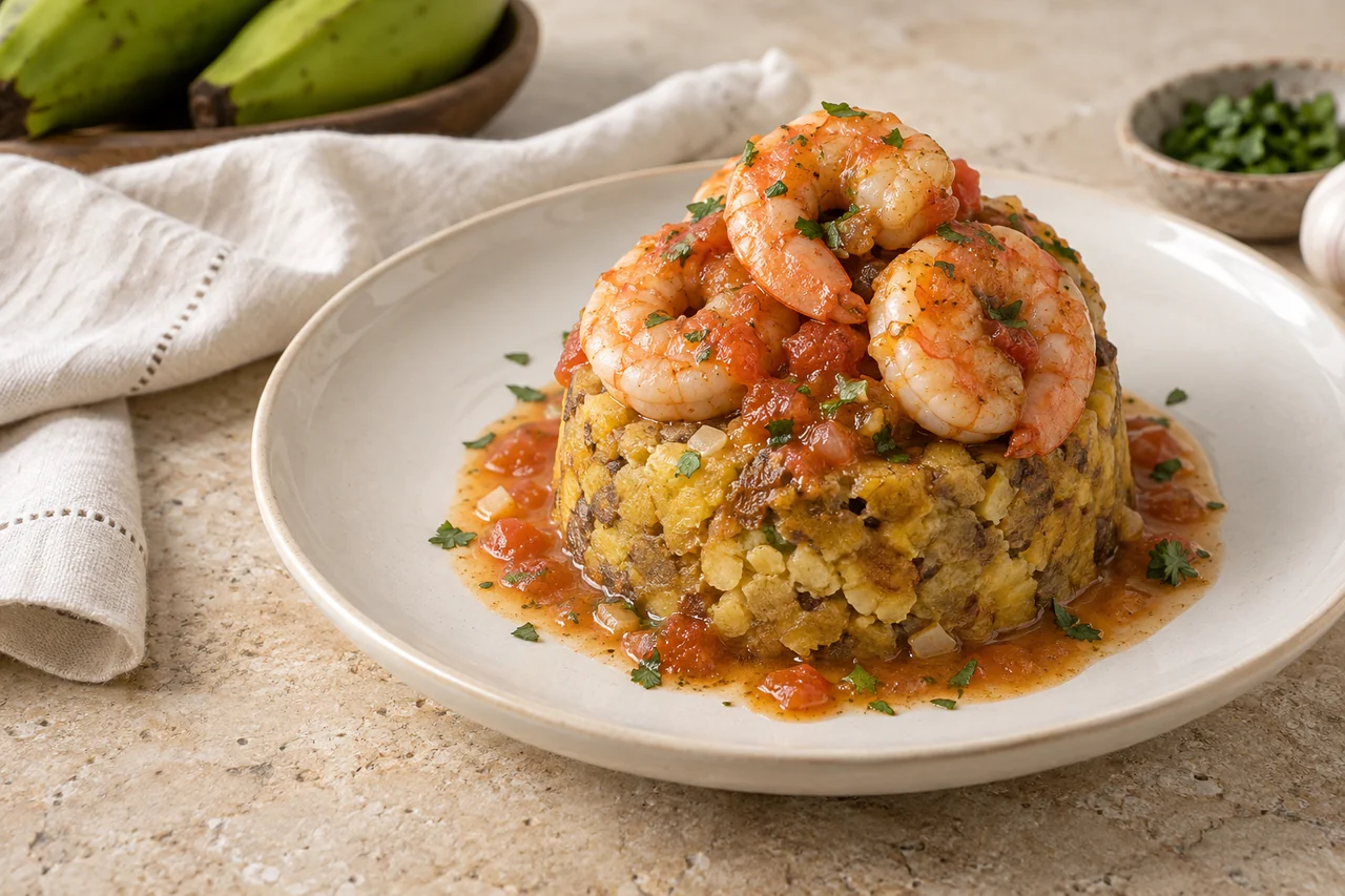 AI-generated illustration of Mofongo de camarones