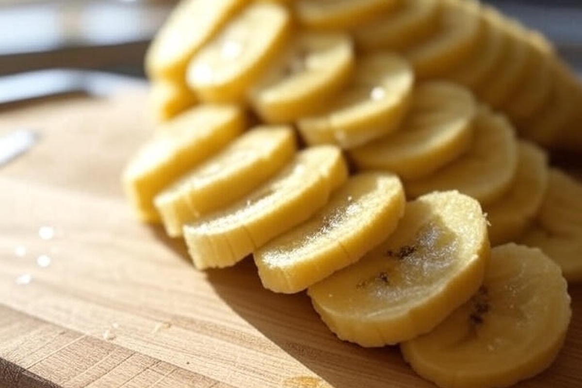 Sliced green and ripe plantains on a cutting board