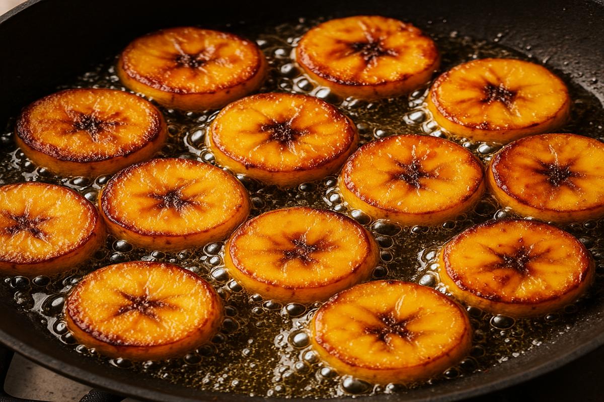 Frying ripe plantains in a skillet for maduros