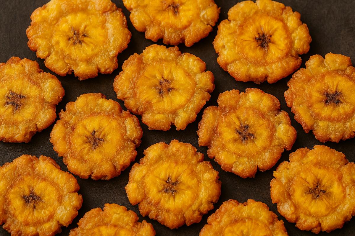 Flattened green plantains ready for frying tostones